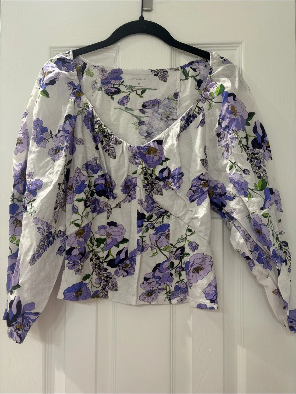 Anthropologie White Top with Purple Floral Print - Size M